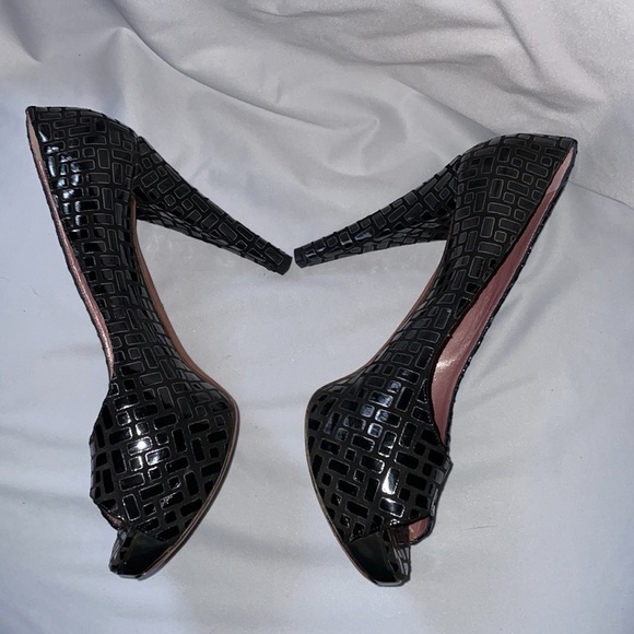 Jean-michel Cazabat Leather Brick Pattern Black Platform Heels size 39 Peep Toe - Picture 3 of 16